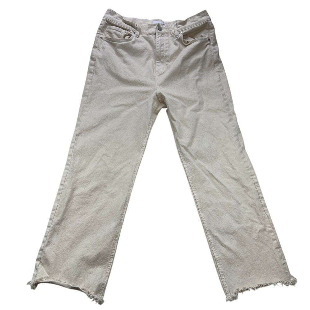 LOFT Cream White High Waisted Straight Leg Raw‎ Hem Jeans Off-White